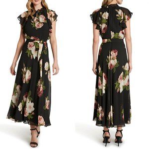 Tahari ASL Ruffle Sleeve Floral Chiffon Evening Dress